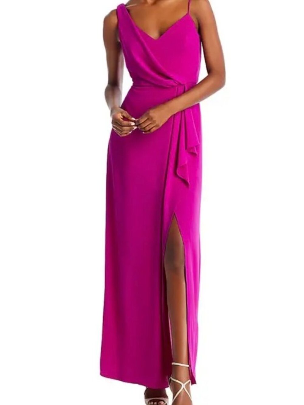 NWT Aqua Asymmetrical Overlay Crepe Long Formal Gown in Fuchsia/Magenta. Size 0